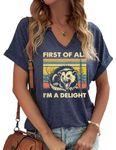 TIXOM Womens Summer V Neck Shirt Funny Letter Printed Graphic Short Sleeve Tee Casual Loose Fit Holiday Tops, O-navy, Large