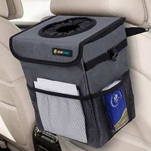 SUN CUBE Waterproof Car Trash Can with Lid, Mesh Pockets | Leakproof Car Garbage Can Hanging | Auto Trash Bin, Garbage Bag Organizer for Headrest, Console, Truck (Dark Gray)