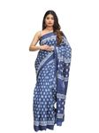 JALTHER Women's Ikat Hand Block Print Jaipuri Cotton Mulmul Saree with Blouse Piece -Blue_Sup_Blue_495_J2