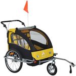 Aosom 2-in-1 Double Child Bike Trailer Stroller Carrier Bicycle Trailer Foldable Black & Yellow