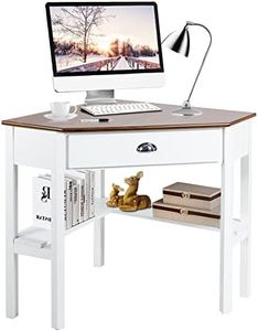 Giantex Wood Corner Computer Desk, Compact Writing Table w/Drawer & Shelves, Space Saving Workstation with Foot Pads, Laptop PC Corner Table Furniture for Home Office, White & Natural