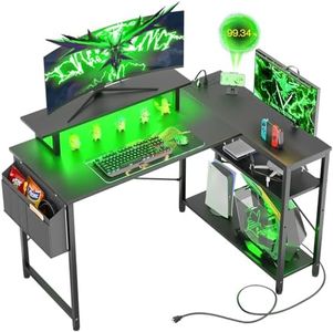 Cyclysio L Shaped Desk with LED Light, 47" L-Shaped Gaming Desk with Power Outlets, Reversible Computer Desk with Storage Shelves, Corner Desk with Storage Bag for Home Office, Study, Gaming, Black