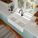 DeerValley 33" L x 18" W White Double Bowl Undermount Farmhouse Kitchen Sink, Ceramic Porcelain Apron Front Sink for Kitchens, Deep Double Bowl with Bottom Rinse Grid & Strainer DV-1K028