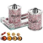 Crystal Salt and Pepper Shakers Set with Tray,Sparkly Crystal Crushed Diamond House Decor for Kitchen,Bling Salt Pepper Jar Container Pot for Countertop,Elegant Kitchen Salt Cabinet,Pink