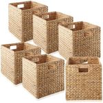 Casafield 12" x 12" Water Hyacinth Storage Baskets, Natural - Set of 6 Collapsible Cube Organizers, Woven Bins for Bathroom, Bedroom, Laundry, Pantry, Shelves