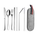 Anxingo Travel Portable Flatware Set, Reusable 304 Stainless Steel Knife Fork Spoon Chopsticks Cleaning Brush Straws Travel Utensils 8 Piece Camping Cutlery Set with Case (Silver)