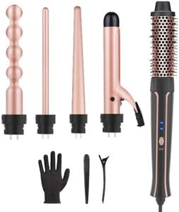 R&B Zone 5 in 1 Curling Iron,Curling Wand Set with Curling Brush and 4 Interchangeable Ceramic Curling Wand(9-32mm), 80-230 °C Instant Heat Up,Include Heat Protective Glove & 2 Clips