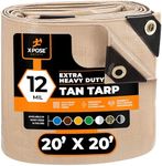 Heavy Duty Tan Poly Tarp 20' X 20' - Multipurpose Protective Cover - Durable, Waterproof, Weather Proof, Rip and Tear Resistant - Extra Thick 12 Mil Polyethylene - by Xpose Safety