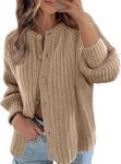 MEROKEETY Women's 2024 Long Sleeve Cardigan Sweater Crew Neck Button Ribbed Open Front Knit Outerwear, LightKhaki, M