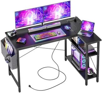 BEXEVUE Bureau d'angle avec Multiprise Intégrée - 120x70 cm Petit Table Ordinateur Forme L Etagères Rangements, Bureau Informatique Angle Réversible pour Etudier Travailler Chambre Domicile Noir