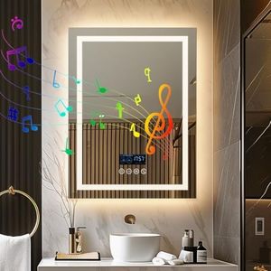 LUVODI Smart LED Bathroom Mirror: 24”x32” Wall Mounted Lighted Mirror with Bluetooth Speaker and Time Temperature Display - Dimmable Shower Mirror with Memory Function,Front Light + Backlit,Anti-Fog