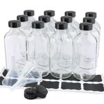 PINIWON 12 Pack 8 oz Clear Glass Bottles, 240ml Boston Round Sample Bottles with Black Poly Cone Caps, Labels and Funnels