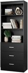 FOTOSOK 71 Inches Tall Storage Cabinet, Bookcase with 3 Drawers and 3-Tier Open Shelves, Wooden Bookshelf Storage Organizer for Living Room, Study, Kitchen, Home Office, Black