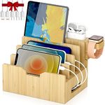 Bamboo Charging Station for?Multiple?Devices with Integrated Watch & Earbuds Stand, Desktop Charging Docking Station Organizer for Cell Phone, Tablet, 5 Charging Cables Included?No Power Supply?