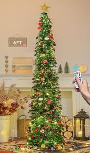 HMASYO 6 FT Pop Up Christmas Tree with 100 LED Lights & Remote, Green Christmas Tinsel Tree, Collapsible Artificial Pencil Tree for Home Office Party Decor, USB Powered Timer Lights, Easy Assembly