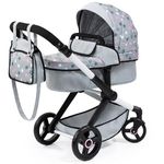 Bayer Baby Dolls Pram XEO - Convertible Doll Pushchair, Carrycot & Changing Bag - Stroller with Adjustable Handle Height for Girls, Tall Dolls Pram for 6+, 3-5 Year Olds - Light Grey, Pink Stars