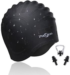 PHELRENA Swimming Cap Waterproof Premium Silicone Solid Long Hair Earmuffs Swim Cap Flexible Reversible for Adults Kids Women Men, Keeps Hair Clean Ear Dry, Free with Nose Clip and Ear Plugs