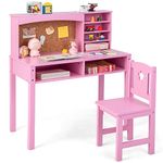 COSTWAY Kids Desk and Chair Set, Wooden Children Study Table with Hutch, Cork Board, Storage Shelves, School Students Workstation for Studying, Reading and Drawing (Pink)