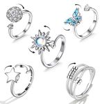 Hifot 5Pcs Anxiety Ring for Women, Silver Fidget Ring for Teen Girls, Adjustable Open Spinner Rings for Anxiety Women Daughter, Butterfly Moon and Star Adjustable Ring for Men Birthday Party Gifts