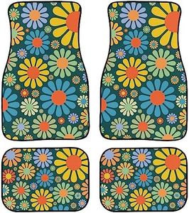 Colorful Hippie Flower Car Floor Mats Set of 4,Abstract Tropical Floral Seamless Pattern Cute Flowers Vehicle Front Rear Carpets Mats Universal Car Floor Rugs Car Accessories for Van Truck