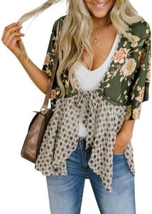 Women Floral Kimono Cardigans 3/4 Ruffle Sleeve Lightweight Patchwork Flowy Boho Tie Loose Cover Ups (Army Green, Small)