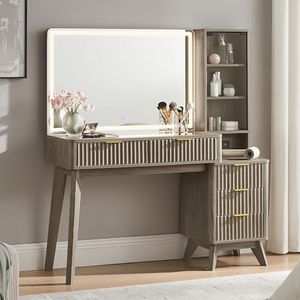 T4TREAM 48" Fluted Makeup Vanity Desk with 36" Lighted Mirror, Brown Alder