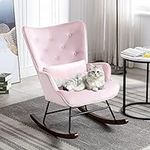 HomeMiYN Velvet Rocking Armchair for Nursery Tufted Buttoned Reading Chair With Soft Lumbar and Wood Legs Recliner Relaxing Chair for Balcony Living Room Bedroom (Pink)