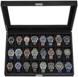 SONGMICS Watch Box, 24-Slot Watch Case, Lockable Watch Storage Box with Glass Lid, Gift Idea, Ink Black Synthetic Leather, Ink Black Lining UJWB024B02