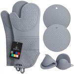 Rorecay Extra Long Oven Mitts and Pot Holders Sets: Heat Resistant Silicone Oven Mittens with Mini Oven Gloves and Hot Pads Potholders for Kitchen Baking Cooking, Quilted Liner, Pack of 6 (Grey)