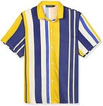 Lars Amadeus Men's Summer Striped Shirts Short Sleeves Button Down Beach Color Block Shirt Small Yellow Blue