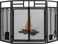 AuraHome ® 3 Fold Fireplace Screen Geometric Top with 4 Hanging Tools, Fire Screens Guard with Integral Double Doors,Fire Place Wood Burning Stove,Open Fireplace Wrought Iron, Black 83cm H x 127cm L