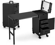 ZhenGuiRu Rolling Manicure Table Foldable Nail Table, Makeup Train Case on Wheels, Travel Makeup Case for Technician Workstation Salon, Nail Makeup Organizer with LED Mirror 4 Drawers TSA Lock