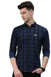 Majestic Man Men Small Checkered Slim Fit Cotton Casual Shirt (Medium, Navy Blue)