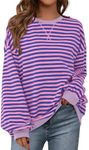 BTFBM Womens Striped Pullover Tops Fall Clothes 2025 Long Sleeve Shirts Trendy Soft Crew Neck Loose Y2K Sweatshirts(Blue Pink, X-Small)