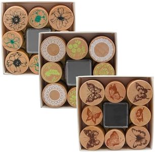 3 Wooden Rubber Stamps Sets, Cylindrical Flower&Lace&Butterfly Decorative Rubber Stamp Set with Ink,Wood Mounted Rubber Stamps for Scrapbook, Card Making, Bullet Journals and Arts & Craft