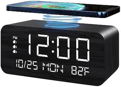 Digital Alarm Clock, with Wooden Electronic LED Time Display, 3 Alarm Settings, 10W Wireless charging, Day of the week, Temperature Detect, Wood Made Digital Clocks for Office, Bedroom, Bedside, Black