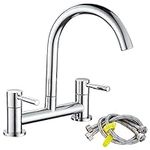 Maynosi Kitchen Sink Mixer Tap, 2 Hole Kitchen Mixer Tap, Dual Lever Bridge Faucet, 180 mm Centers Deck Mounted, 1/4 Turn, 360° Swivel Spout, Chrome Plated, Brass, Include Flexible Hoses