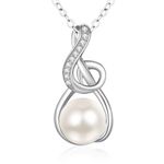 TANGPOET White Pearl Necklace for Women Girls 925 Sterling Silver Single Simulated Pearl Pendant with Music Note Treble Clef Jewellery Gifts for Her