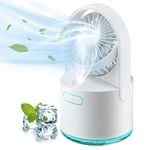 SIXTARY Desk Fan USB with Water Mist Spray Portable Cooling Fan Silent Powerful 3 Speed Good Rechargeable Battery Life USB Powered Mini Table Fan Night Light Home Bedroom Office Travel White