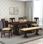 WOODSTAGE Sheesham Wood 6 Seater Dining Table with Cushioned Chairs and Bench for Living Room Wooden Dining Room Set for Home (Walnut Finish)