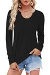 Aokosor Womens Long Sleeve Tops Ladies Basic T Shirts Slim Fitted Y2k Tops Scoop Neck Sexy Casual Tees Size 22-24 Black