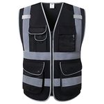 JKSafety 9 Pockets High Visibility Safety Vest for Men and Women, Hi-Vis Reflective Black Safety Vests with Zipper Front, Meet ANSI/ISEA Standards (159-Black XL)