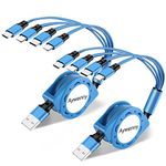 Aywenny Multi Charging Cable 3A 2Pack 4 in 1 Retractable USB Cable Fast Charger Cord with IP/Type C/Micro USB Port for Phone 13 12 11 Xs Xr X/Tablets/Samsung Galaxy/Huawei/Sony/LG/HTC/Ps4 5 (Blue)