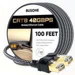 Cat 8 Ethernet Cable 100FT, BUSOHE 40Gbps 2000Mhz High Speed Braided Network Internet Cable with Gold Plated RJ45 Connector, Heavy Duty Patch Cord LAN Cable 40 Clips,S/FTP Indoor for Router/Gaming/PC