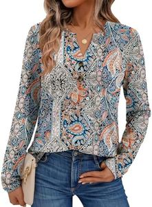 AUTOMET Long Sleeve Shirts for Women Blouses 2026 Fall Fashion Outfits Clothes Plus Size Dressy Casual Tops Trendy Henley Cute T Shirts Loose Fit Business Casual Work V Neck Winter Top Blue Boho 2XL