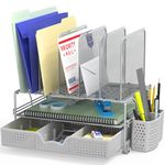 SimpleHouseware Desk File Organizer for Office Stationery with Sliding Drawer, Double Tray, Pencil Holder, and 5 Upright Sections, Silver