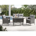 EVRE Mixed Grey Florence Garden Rattan Furniture Set 4 Piece Seat 1 Sofa 2 Chair Dining Outdoor Conservatory Wicker Weave Lounge Sofa and Glass Top Table with Cushions