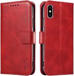 LOLFZ Wallet Case for iPhone X iPhone XS, Vintage Leather Book Case with Card Holder Kickstand Magnetic Closure Flip Case Cover for iPhone X iPhone XS - Red