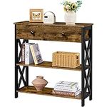 Yaheetech Console Table, Hallway Table with Drawer & Storage Shelves, 3-Tier Sofa Side Table with Metal Frame for Living Room, Bedroom, Entryway, X-Shaped Design, 80x29.5x81cm, Rustic Brown