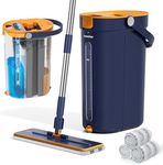 Mop and Bucket Set with Wringer, 3-Tank Flat Mop and Bucket System, Wall Mop Cleaner with Long Handle, Hands Free Mops for Floor Cleaning with 4 Microfiber Pads